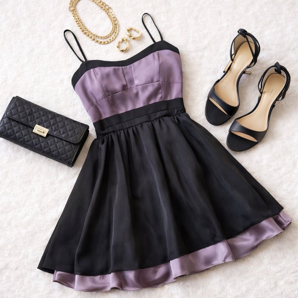 BCBG Max Azria Black Blush Satin Chiffon Dress Fit Flare Y2K Party Cocktail Sz 8